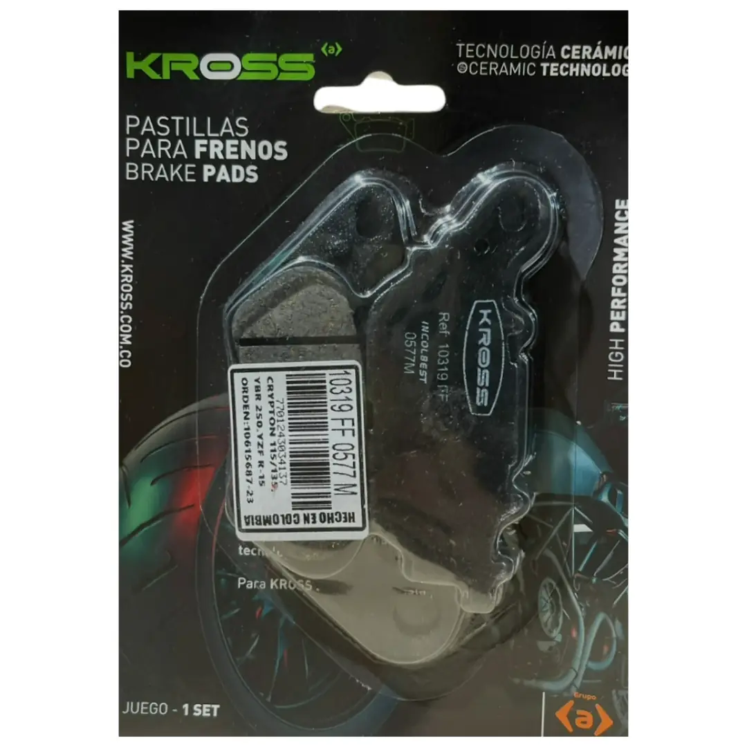 Pastilla Freno Kross Cripton Fino 125 Faser N-Max 150 R-15 V3 Ybr 250 Yzf R-15 (10319) Pastilla Freno Kross Cripton Fino 125 Faser N-Max 150 R-15 V3 Ybr 250 Yzf R-15 - Imagen 1
